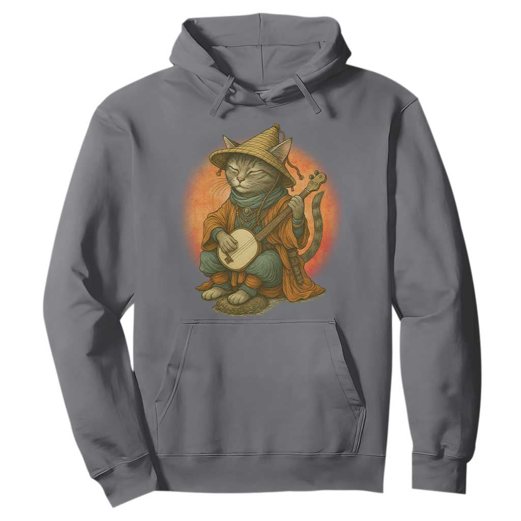 Japanese Samurai Cat Hoodie Retro Cat Playing Shamisen Art TS14 Charcoal Print Your Wear