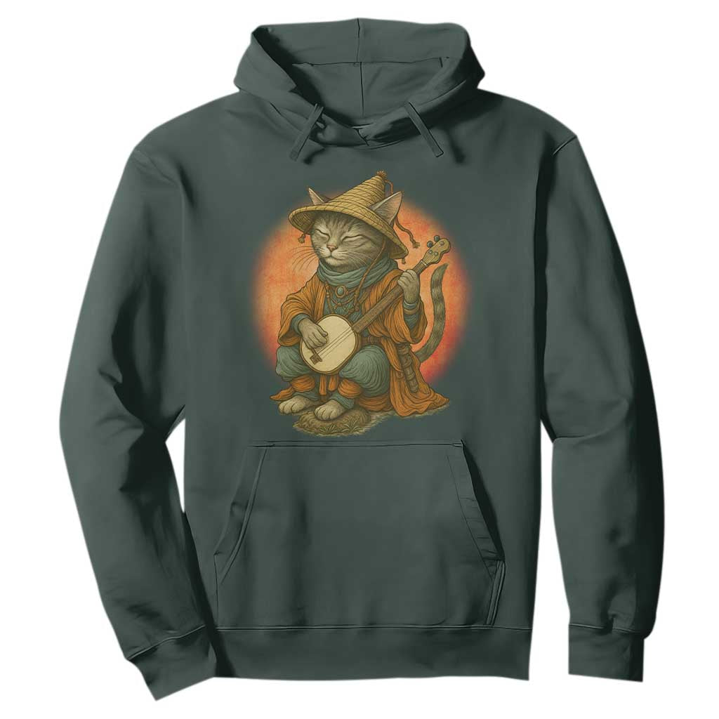 Japanese Samurai Cat Hoodie Retro Cat Playing Shamisen Art TS14 Dark Forest Green Print Your Wear