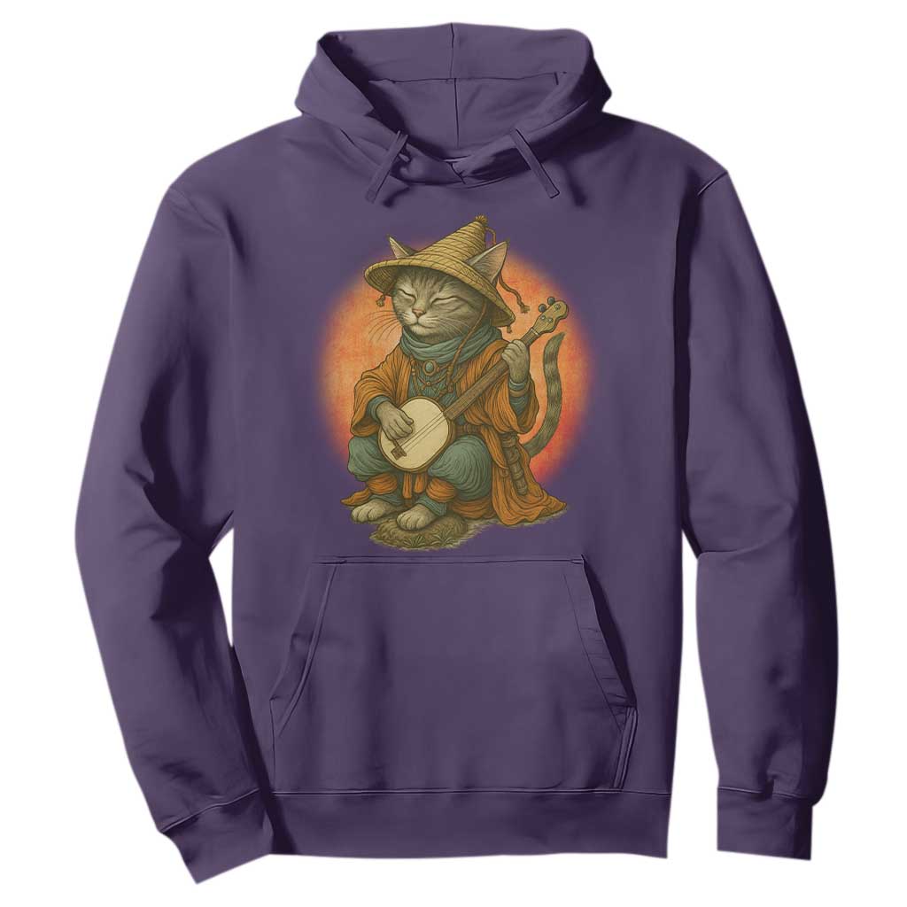Japanese Samurai Cat Hoodie Retro Cat Playing Shamisen Art TS14 Purple Print Your Wear