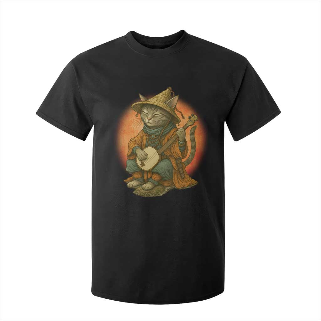 Japanese Samurai Cat T Shirt For Kid Retro Cat Playing Shamisen Art TS14 Black Print Your Wear
