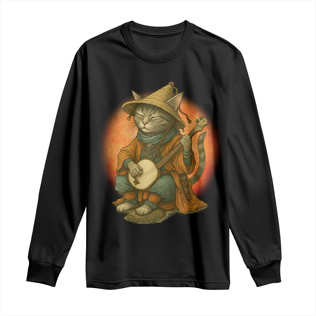 Japanese Samurai Cat Long Sleeve Shirt Retro Cat Playing Shamisen Art TS14 Black Print Your Wear