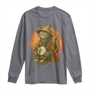 Japanese Samurai Cat Long Sleeve Shirt Retro Cat Playing Shamisen Art TS14 Charcoal Print Your Wear