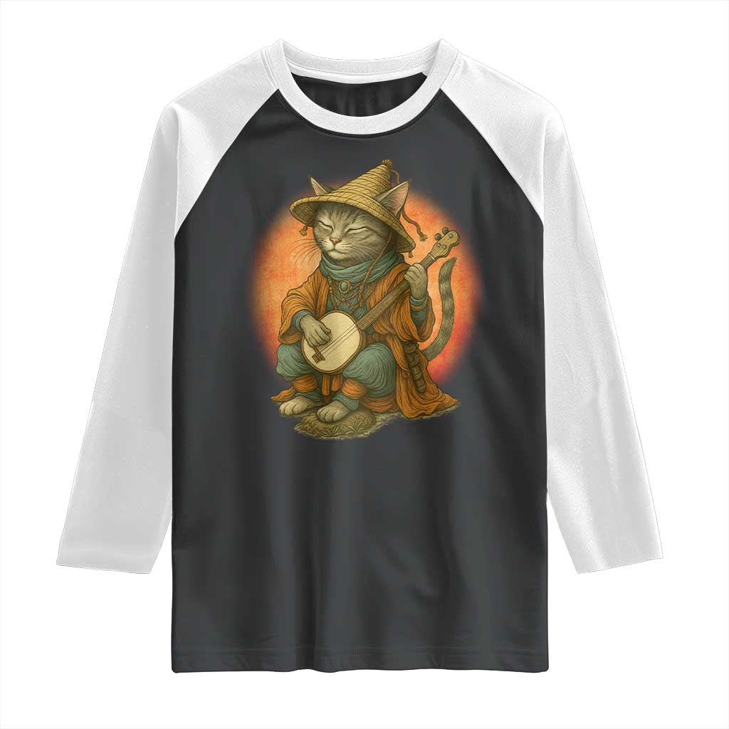 Japanese Samurai Cat Raglan Shirt Retro Cat Playing Shamisen Art TS14 Black White Print Your Wear