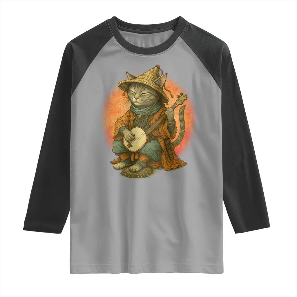 Japanese Samurai Cat Raglan Shirt Retro Cat Playing Shamisen Art TS14 Sport Gray Black Print Your Wear