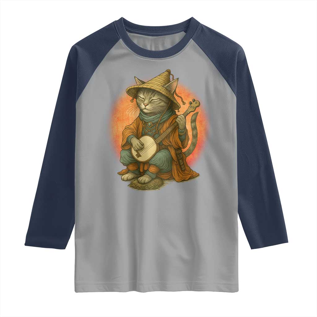 Japanese Samurai Cat Raglan Shirt Retro Cat Playing Shamisen Art TS14 Sport Gray Navy Print Your Wear