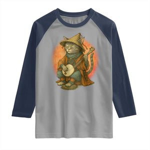 Japanese Samurai Cat Raglan Shirt Retro Cat Playing Shamisen Art TS14 Sport Gray Navy Print Your Wear