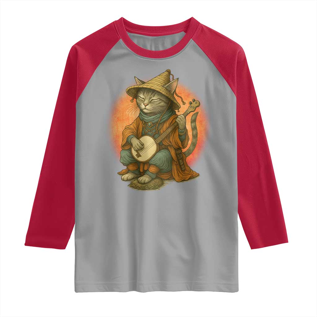 Japanese Samurai Cat Raglan Shirt Retro Cat Playing Shamisen Art TS14 Sport Gray Red Print Your Wear