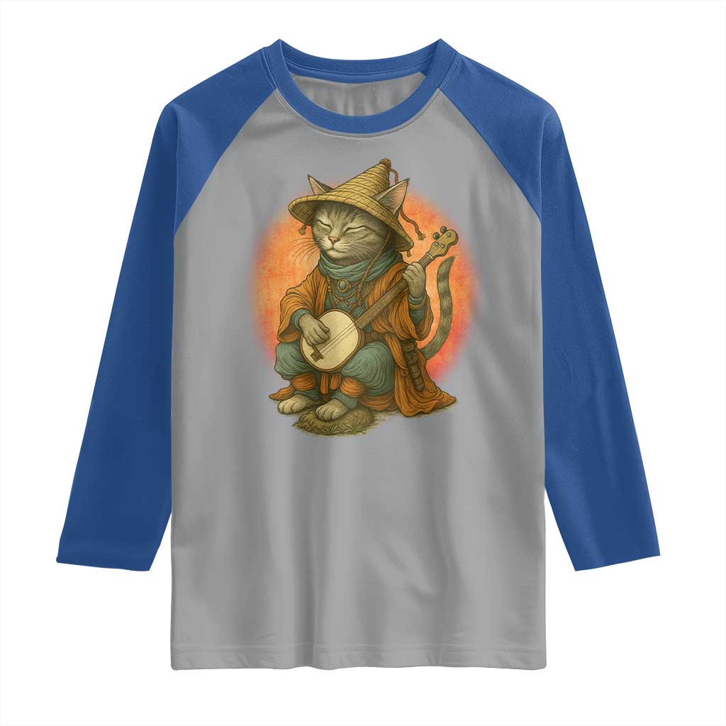 Japanese Samurai Cat Raglan Shirt Retro Cat Playing Shamisen Art TS14 Sport Gray Royal Print Your Wear
