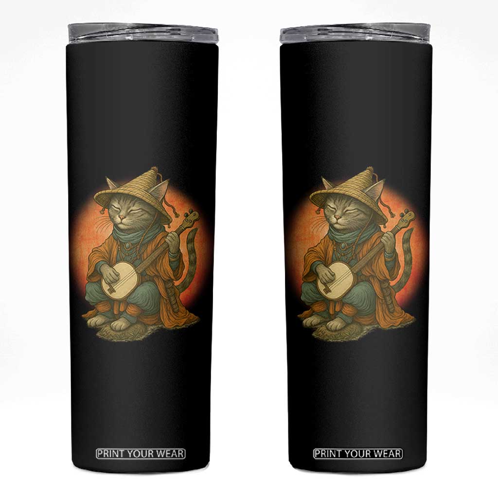 Japanese Samurai Cat Skinny Tumbler Retro Cat Playing Shamisen Art TS14 Black Print Your Wear