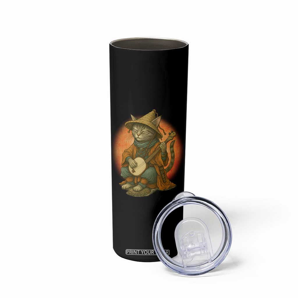 Japanese Samurai Cat Skinny Tumbler Retro Cat Playing Shamisen Art TS14 Print Your Wear