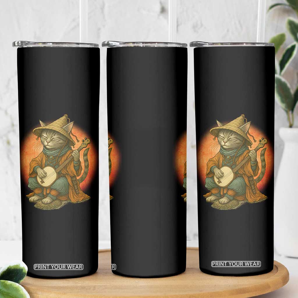 Japanese Samurai Cat Skinny Tumbler Retro Cat Playing Shamisen Art TS14 Print Your Wear