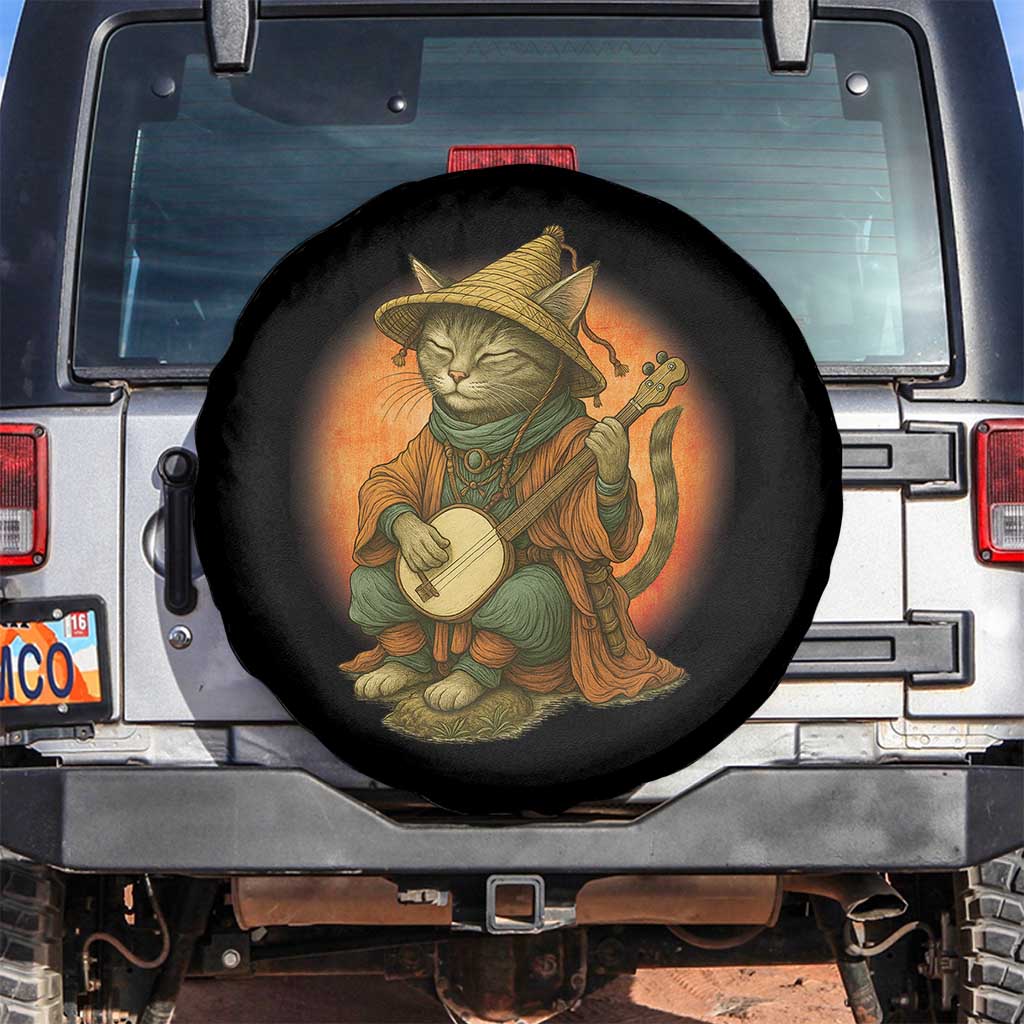 Japanese Samurai Cat Spare Tire Cover Retro Cat Playing Shamisen Art TS14 No hole Black Print Your Wear