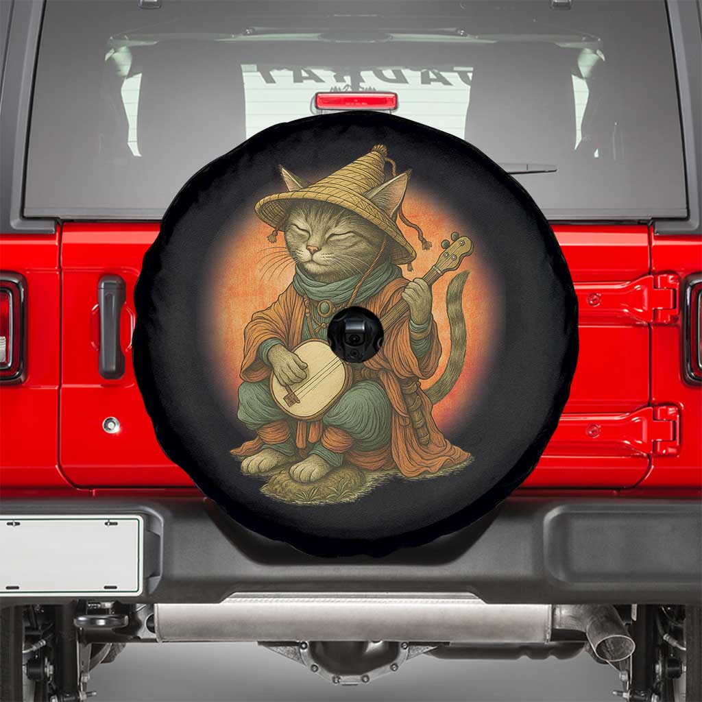 Japanese Samurai Cat Spare Tire Cover Retro Cat Playing Shamisen Art TS14 Black Print Your Wear