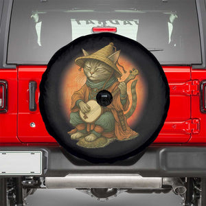 Japanese Samurai Cat Spare Tire Cover Retro Cat Playing Shamisen Art TS14 Black Print Your Wear