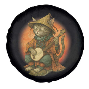Japanese Samurai Cat Spare Tire Cover Retro Cat Playing Shamisen Art TS14 Print Your Wear