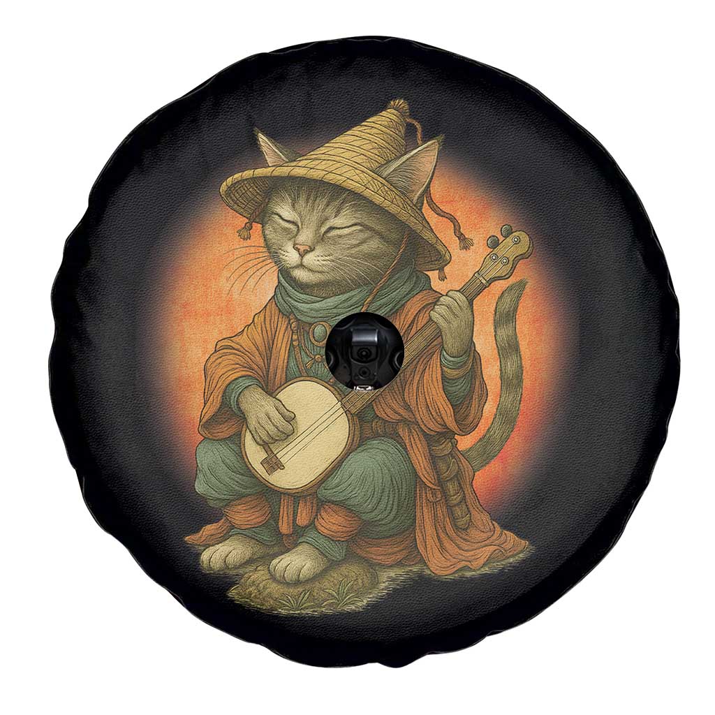 Japanese Samurai Cat Spare Tire Cover Retro Cat Playing Shamisen Art TS14 Print Your Wear