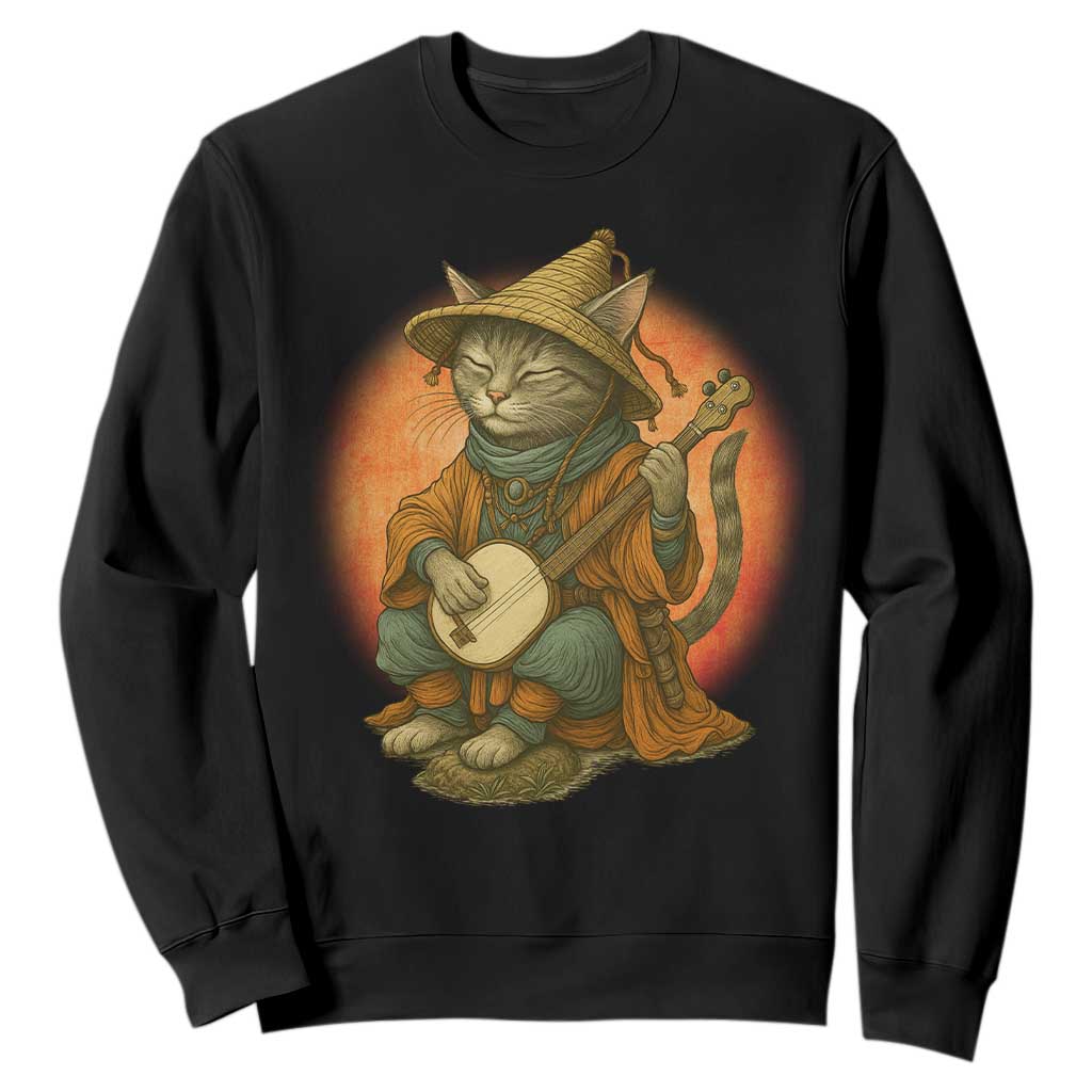 Japanese Samurai Cat Sweatshirt Retro Cat Playing Shamisen Art TS14 Black Print Your Wear