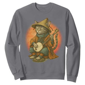 Japanese Samurai Cat Sweatshirt Retro Cat Playing Shamisen Art TS14 Charcoal Print Your Wear