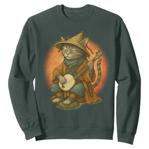 Japanese Samurai Cat Sweatshirt Retro Cat Playing Shamisen Art TS14 Dark Forest Green Print Your Wear