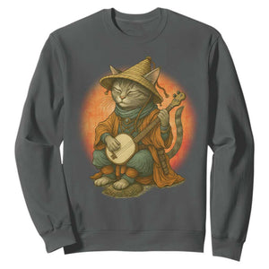 Japanese Samurai Cat Sweatshirt Retro Cat Playing Shamisen Art TS14 Dark Heather Print Your Wear