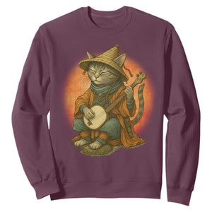 Japanese Samurai Cat Sweatshirt Retro Cat Playing Shamisen Art TS14 Maroon Print Your Wear