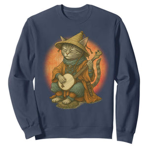 Japanese Samurai Cat Sweatshirt Retro Cat Playing Shamisen Art TS14 Navy Print Your Wear
