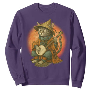 Japanese Samurai Cat Sweatshirt Retro Cat Playing Shamisen Art TS14 Purple Print Your Wear