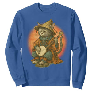 Japanese Samurai Cat Sweatshirt Retro Cat Playing Shamisen Art TS14 Royal Blue Print Your Wear
