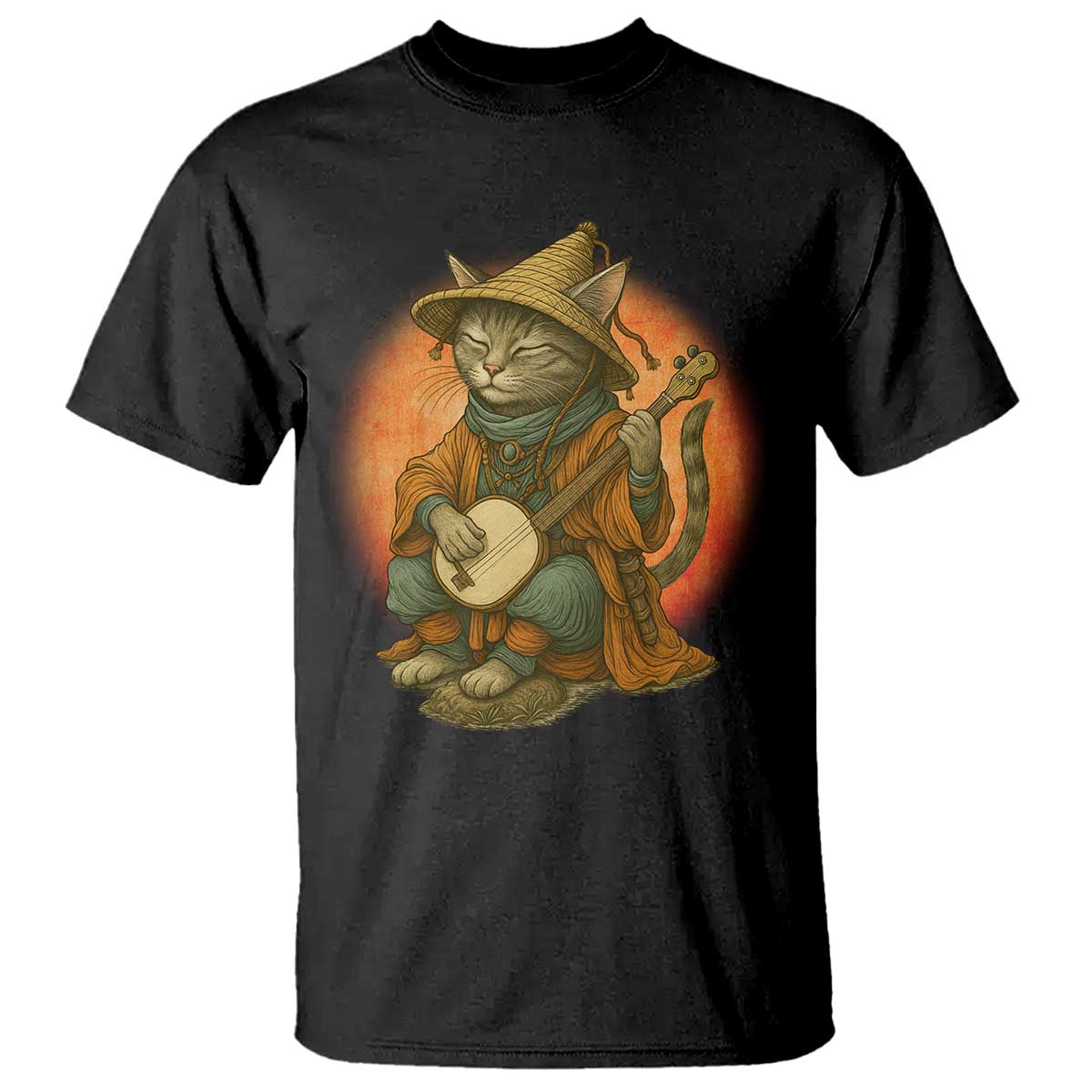 Japanese Samurai Cat T Shirt Retro Cat Playing Shamisen Art TS14 Black Print Your Wear