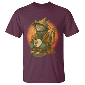 Japanese Samurai Cat T Shirt Retro Cat Playing Shamisen Art TS14 Maroon Print Your Wear