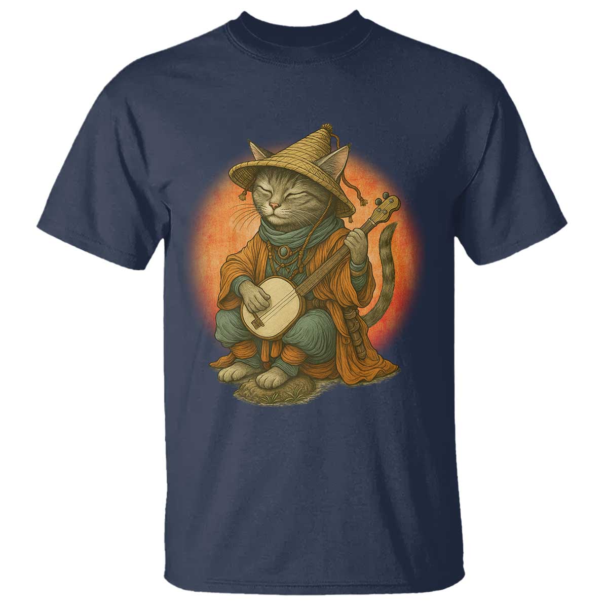 Japanese Samurai Cat T Shirt Retro Cat Playing Shamisen Art TS14 Navy Print Your Wear