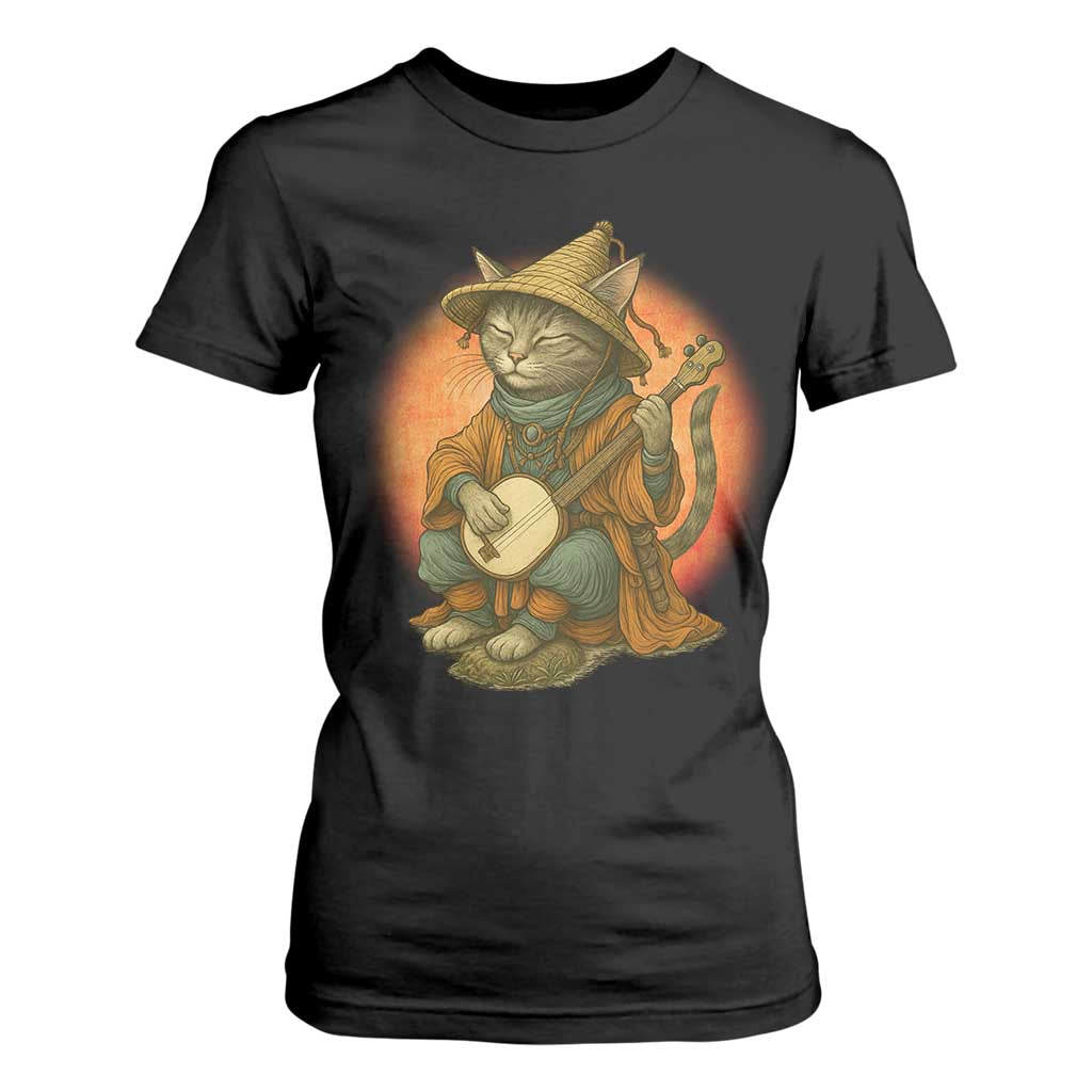 Japanese Samurai Cat T Shirt For Women Retro Cat Playing Shamisen Art TS14 Black Print Your Wear