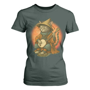 Japanese Samurai Cat T Shirt For Women Retro Cat Playing Shamisen Art TS14 Dark Forest Green Print Your Wear