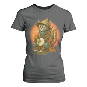 Japanese Samurai Cat T Shirt For Women Retro Cat Playing Shamisen Art TS14 Dark Heather Print Your Wear