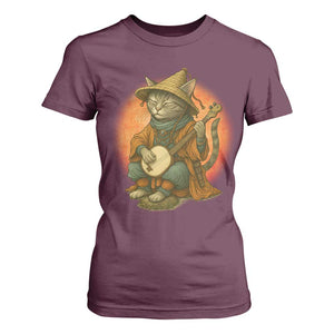 Japanese Samurai Cat T Shirt For Women Retro Cat Playing Shamisen Art TS14 Maroon Print Your Wear