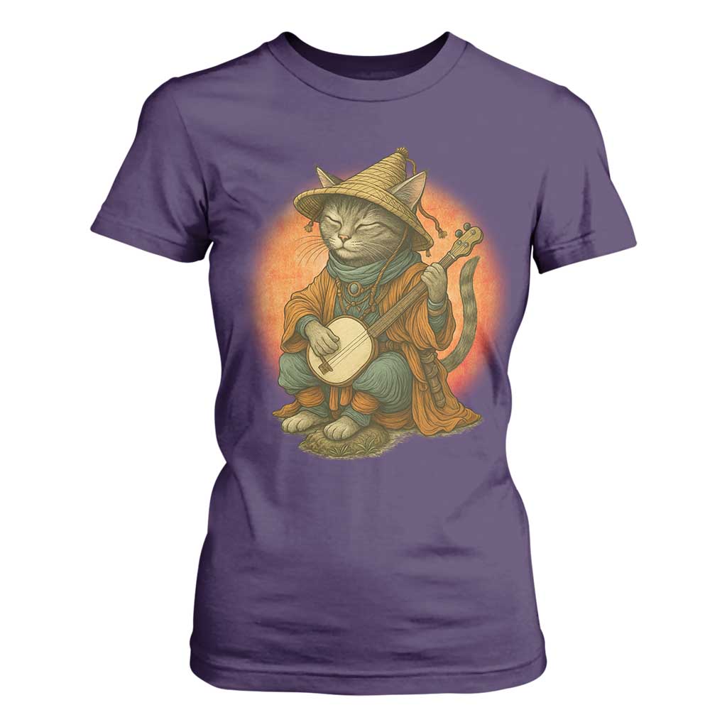 Japanese Samurai Cat T Shirt For Women Retro Cat Playing Shamisen Art TS14 Purple Print Your Wear