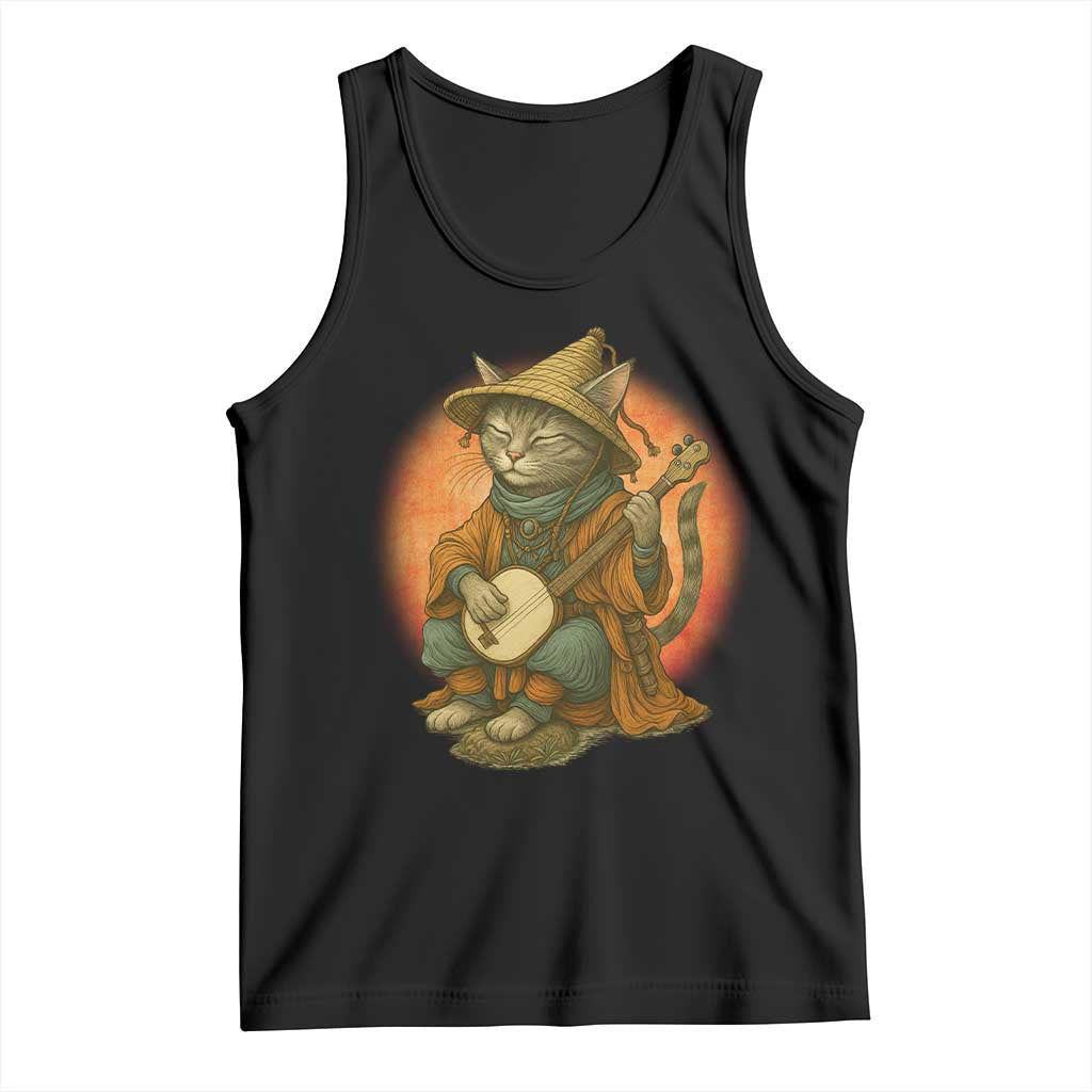 Japanese Samurai Cat Tank Top Retro Cat Playing Shamisen Art TS14 Black Print Your Wear