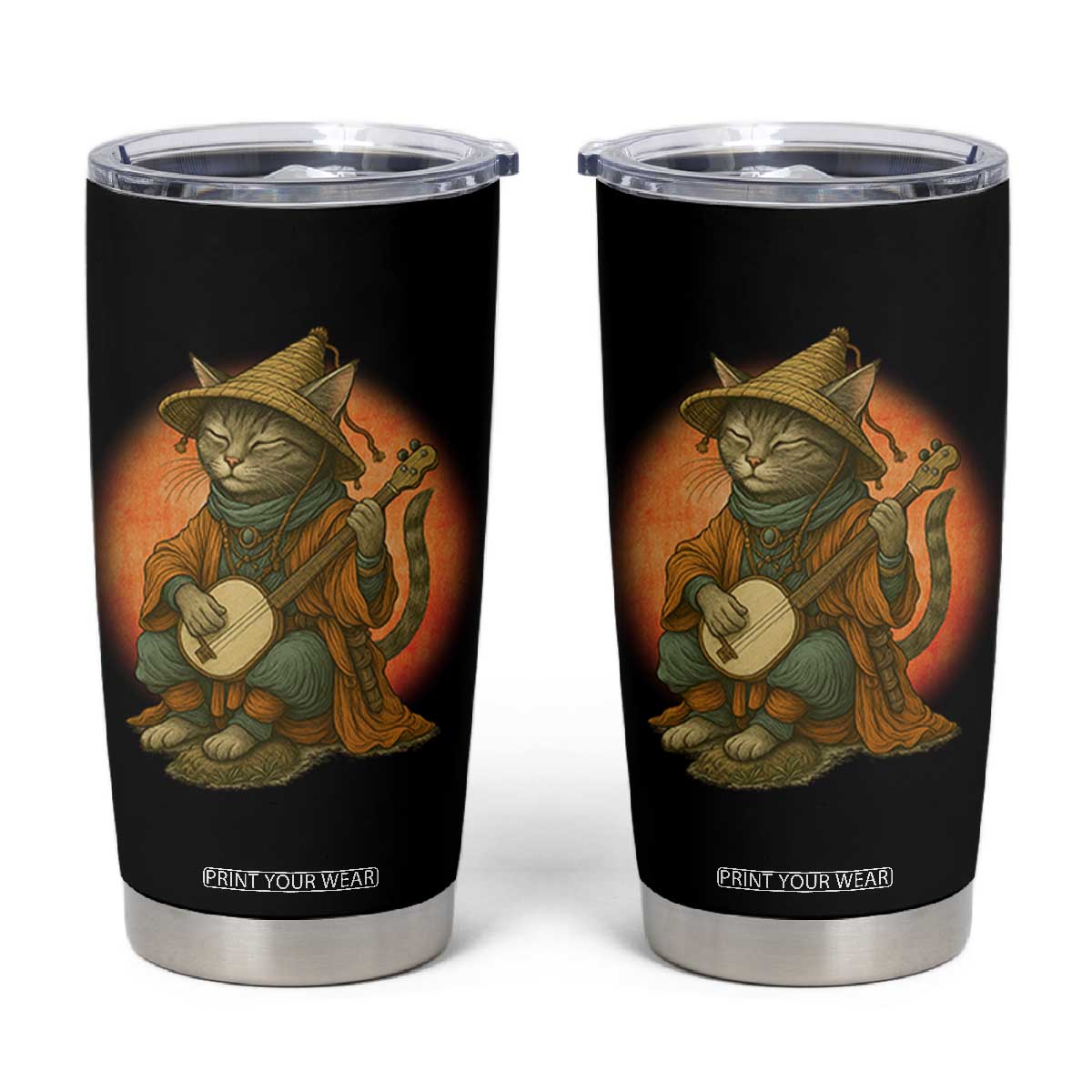 Japanese Samurai Cat Tumbler Cup Retro Cat Playing Shamisen Art TS14 Black Print Your Wear