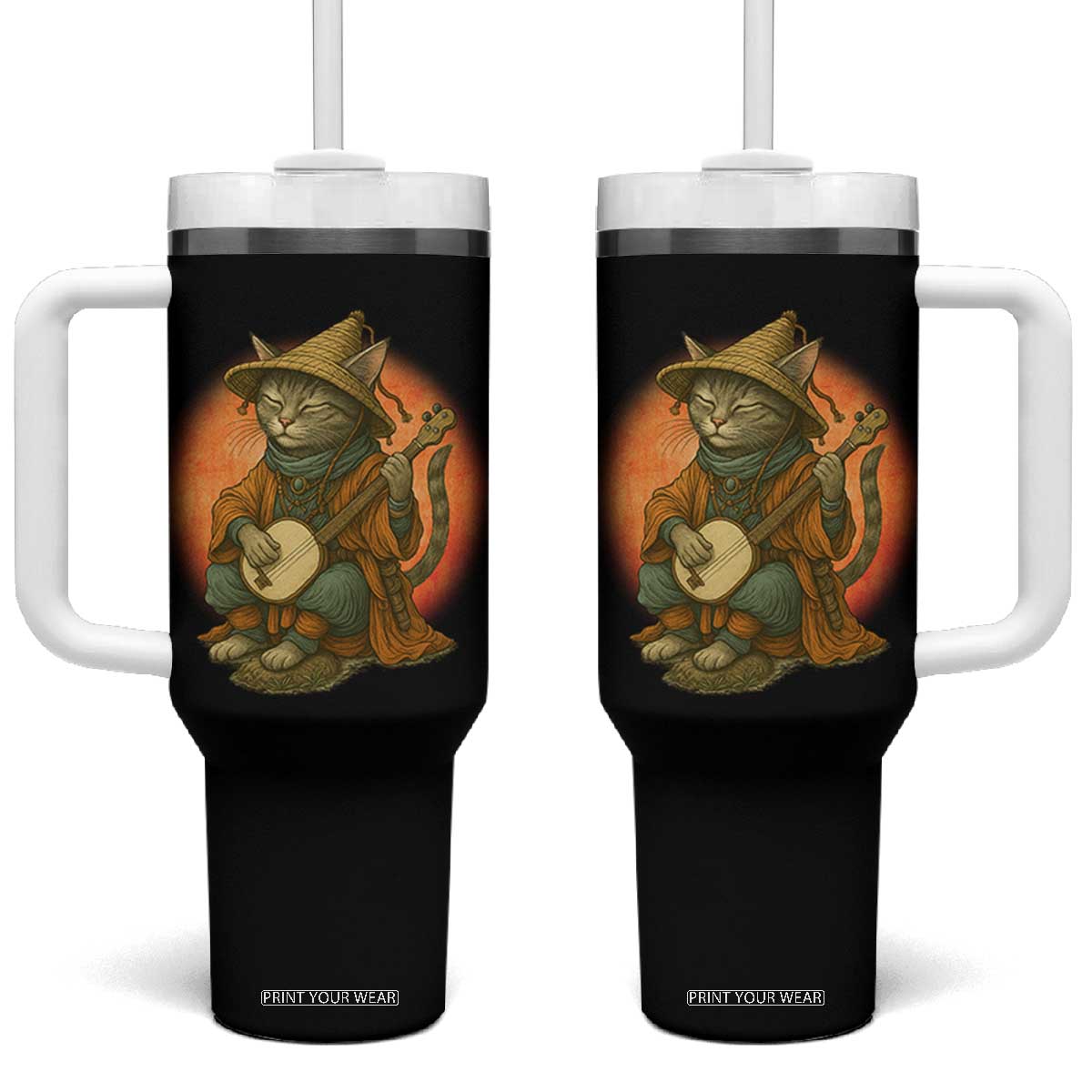 Japanese Samurai Cat Tumbler With Handle Retro Cat Playing Shamisen Art TS14 One Size: 40 oz Black Print Your Wear