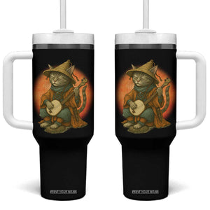 Japanese Samurai Cat Tumbler With Handle Retro Cat Playing Shamisen Art TS14 One Size: 40 oz Black Print Your Wear