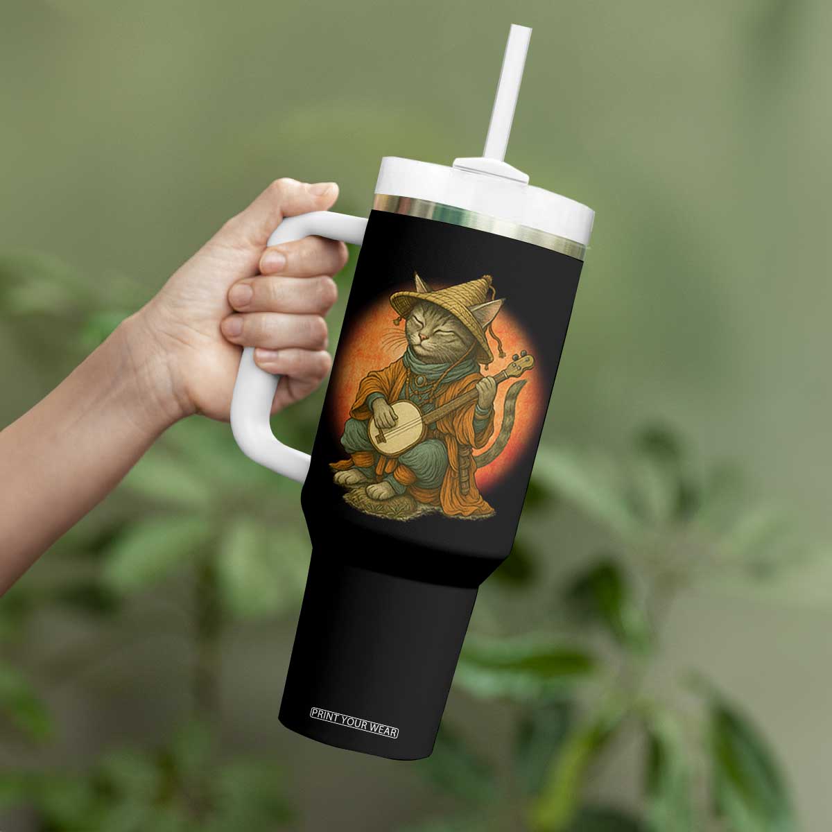 Japanese Samurai Cat Tumbler With Handle Retro Cat Playing Shamisen Art TS14 Print Your Wear