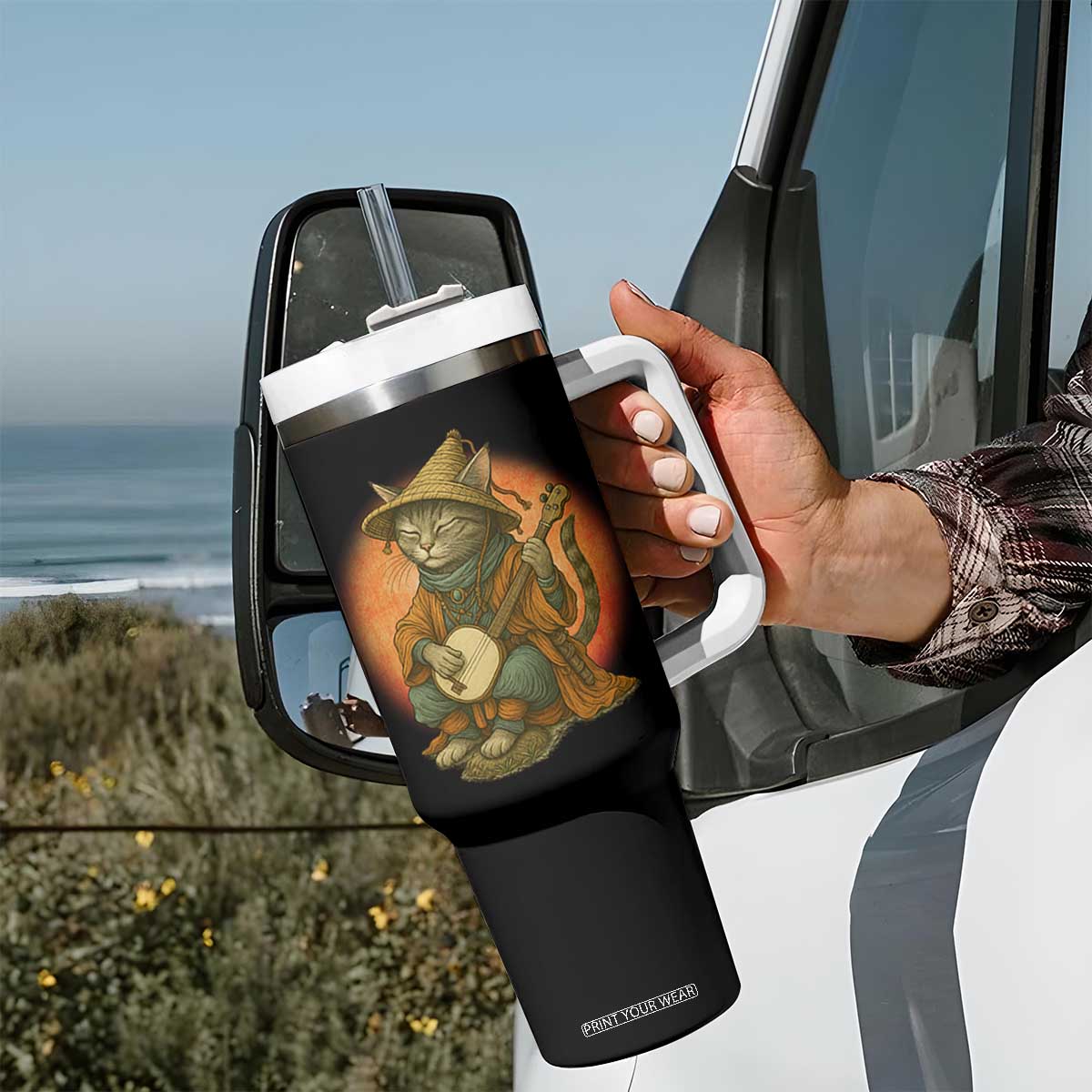 Japanese Samurai Cat Tumbler With Handle Retro Cat Playing Shamisen Art TS14 Print Your Wear