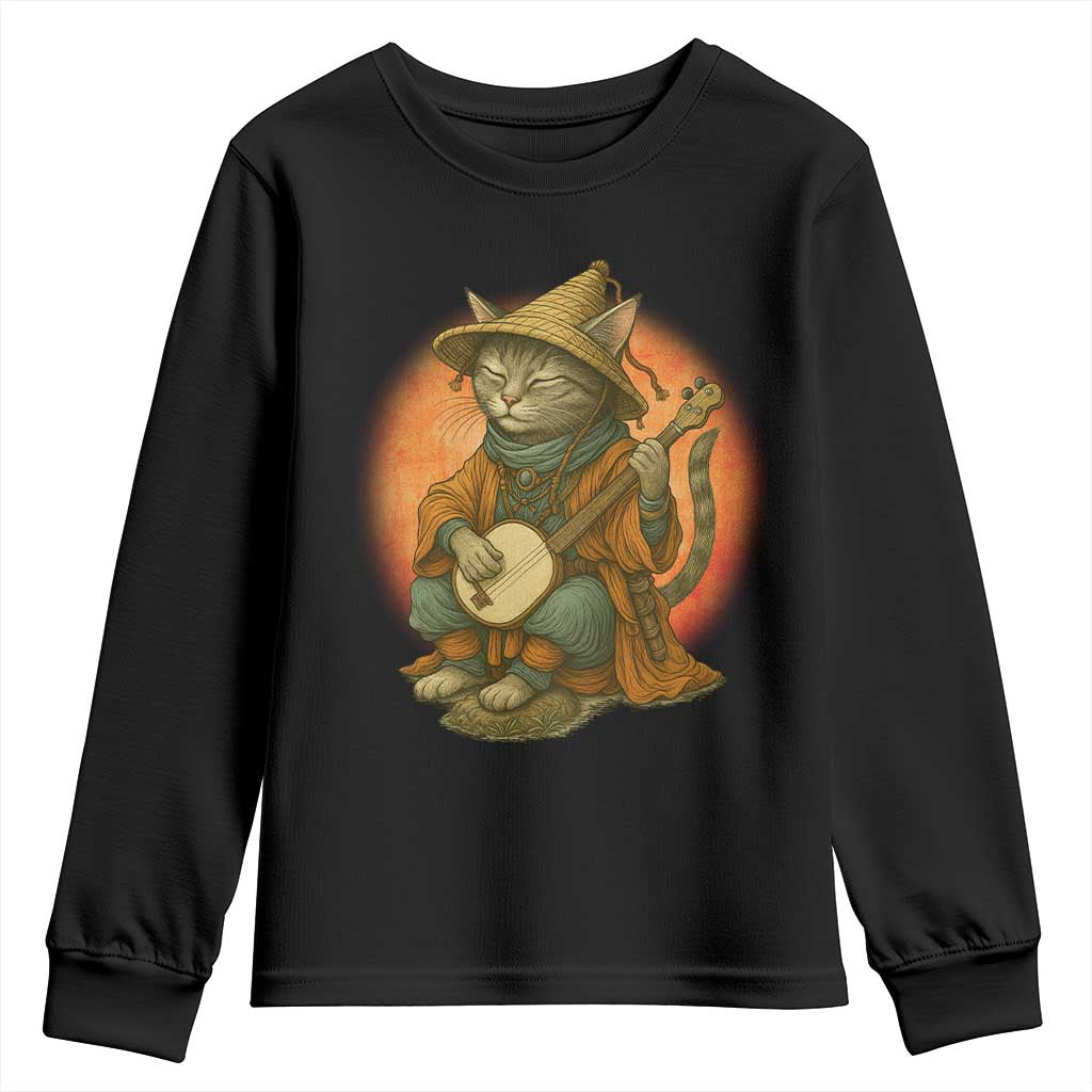 Japanese Samurai Cat Youth Sweatshirt Retro Cat Playing Shamisen Art TS14 Black Print Your Wear