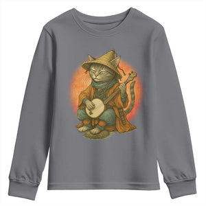 Japanese Samurai Cat Youth Sweatshirt Retro Cat Playing Shamisen Art TS14 Charcoal Print Your Wear