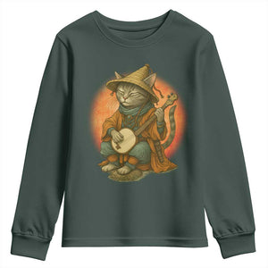 Japanese Samurai Cat Youth Sweatshirt Retro Cat Playing Shamisen Art TS14 Dark Forest Green Print Your Wear