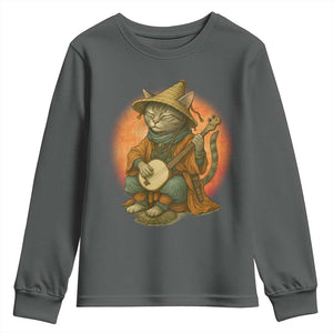 Japanese Samurai Cat Youth Sweatshirt Retro Cat Playing Shamisen Art TS14 Dark Heather Print Your Wear