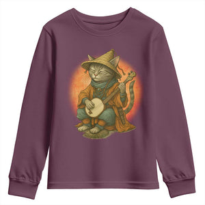 Japanese Samurai Cat Youth Sweatshirt Retro Cat Playing Shamisen Art TS14 Maroon Print Your Wear