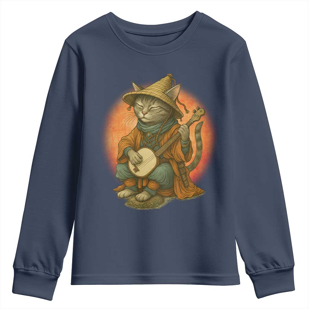Japanese Samurai Cat Youth Sweatshirt Retro Cat Playing Shamisen Art TS14 Navy Print Your Wear