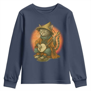 Japanese Samurai Cat Youth Sweatshirt Retro Cat Playing Shamisen Art TS14 Navy Print Your Wear