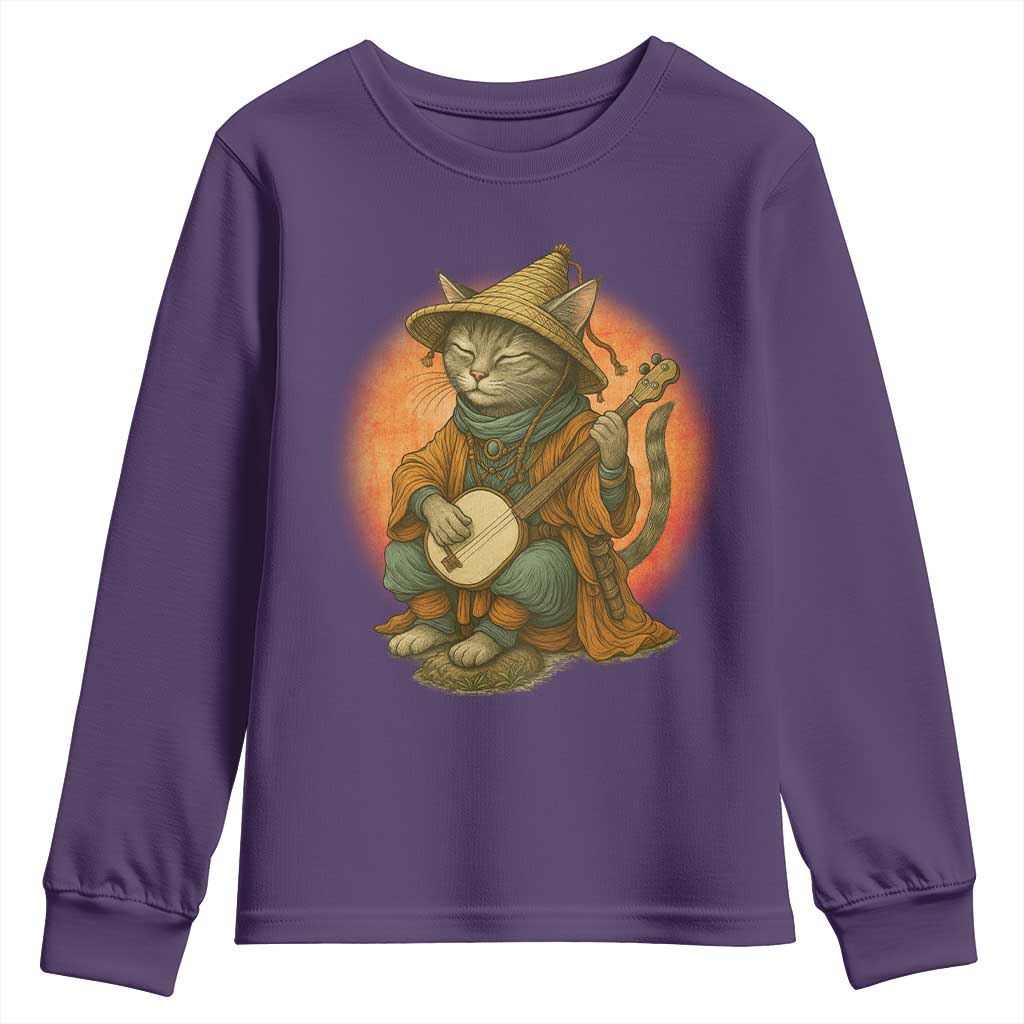 Japanese Samurai Cat Youth Sweatshirt Retro Cat Playing Shamisen Art TS14 Purple Print Your Wear